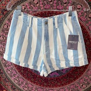 Blue and White Stripe High Waist Denim Shorts